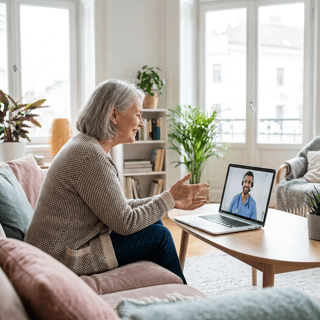 Mujer mayor consultando la plataforma UParkinson OnLine en un portátil desde su casa